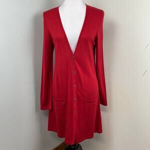 J Jill Red V Neck Button Down Duster Cardigan Small